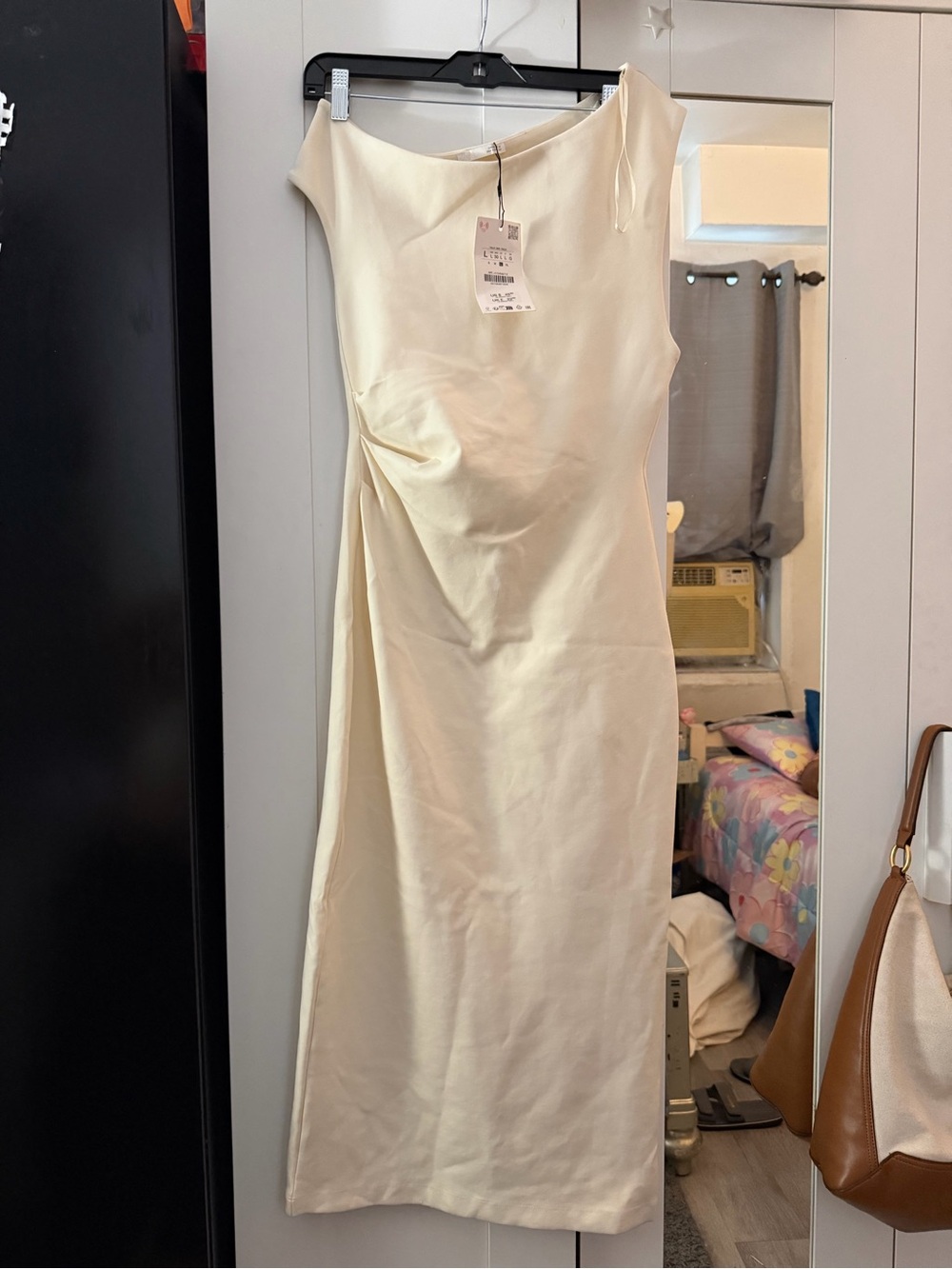 Zara One-Shoulder Cream Midi Bodycon Dress - Picture 9 of 10